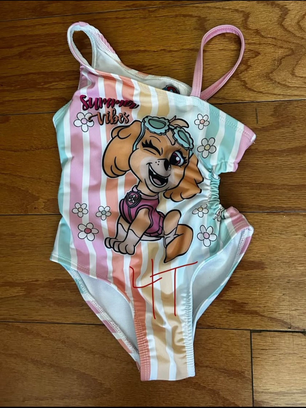Girls One-Piece PawPatrolSwimsuit - Pink , Mint & Peach Stripes with Cartoon Pup